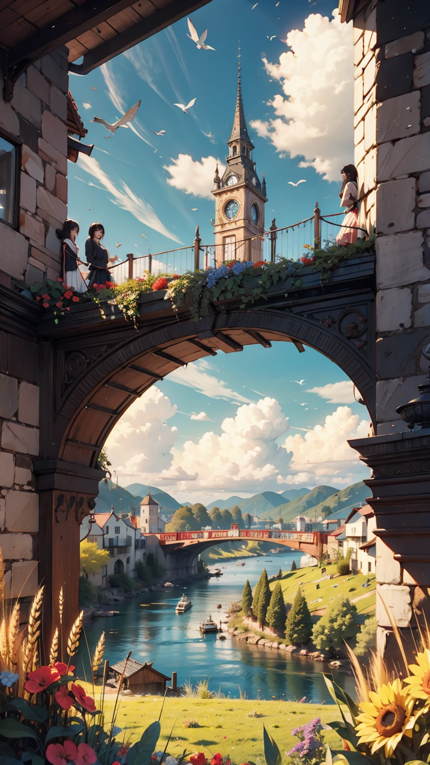 (((Highest quality))), High saturation, clear, reasonable structure, Manga style, architecture, bridge, construction, city, chimney, cloud, cloudy_null, Day, Fantasy, door, Grass, Home, Mountain, no_human, outdoor, river, landscape, null, Day没, wood, window, wheat field, wheat, JK's Country, smile, cute, Mini length blue pleated skirt, White cross halter top、Lace-up sandals、Bob Hair((bob cut))、Sexy proportions、Long eyelashes、Textured skin((textured skin))
