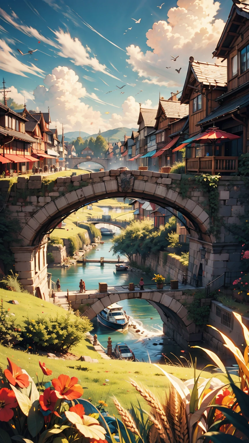 (((Highest quality))), High saturation, clear, reasonable structure, Manga style, architecture, bridge, construction, city, chimney, cloud, cloudy_null, Day, Fantasy, door, Grass, Home, Mountain, no_human, outdoor, river, landscape, null, Day没, wood, window, wheat field, wheat, JK&#39;s Country, smile, cute, Mini length blue pleated skirt, White cross halter top、Lace-up sandals、Bob Hair((bob cut))、Sexy proportions、Long eyelashes、Textured skin((textured skin))