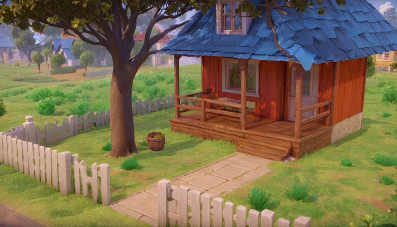 há umthe little house vermelha com telhado azul e uma cerca, 3D stylized scene, Game Graphics, the little house, citys, renderizado em unidade 3 d, animation still, animation style rendering, casa citys moderna, neighborhood, cartoon rendering, video game still, realistic establishing shot, hyper detailed scene, casa de neighborhood, citys, Rendering.