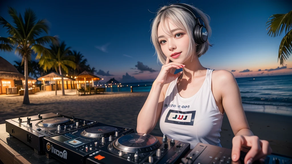 (ultra - detailed, 16K resolution, Cinema lenses, rendering by octane), (high resolution:1.18), intricate detail, (masterpiece:1.1), (highest quality:1.1), (1girl, portrait, white hair, blue eyes, short hair, detailed eyes),Wearing silver DJ headphones, sequined T-shirt, (in the beach:1.5), (Iconic hip-hop pop costumes:1.3), Smile while DJing on stage, DJ studio next to the beach, ((A stylish DJ stage on a hill overlooking the beach)), full body shot, Photorealistic photography by Sunshine, (cute round face:1.3), perfect fingers, five fingers, beautiful hands, perfect hands. master peace, cute smile, Fixhand.
