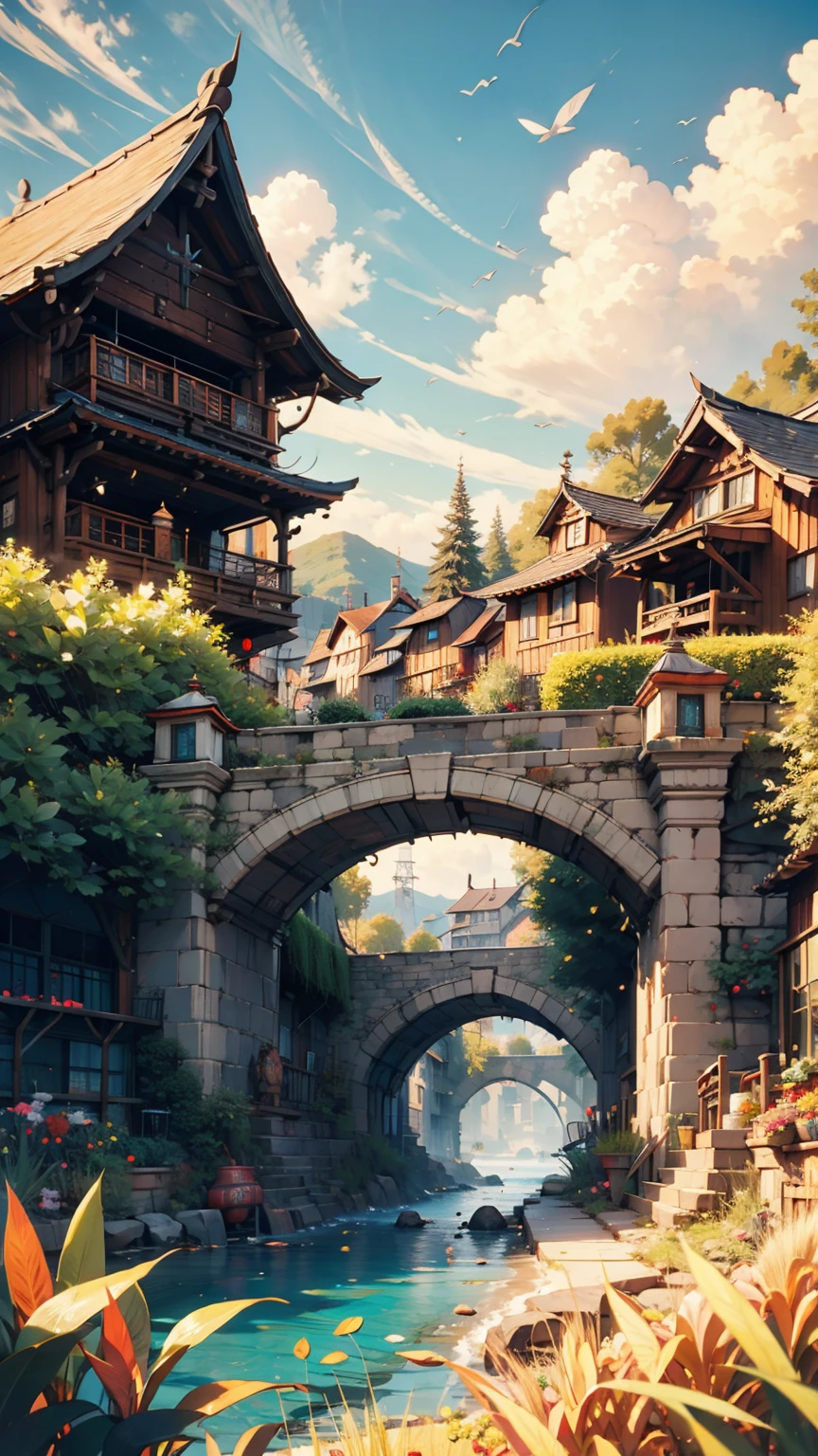(((Highest quality))), High saturation, clear, reasonable structure, Manga style, architecture, bridge, construction, city, chimney, cloud, cloudy_null, Day, Fantasy, door, Grass, Home, Mountain, no_human, outdoor, river, landscape, null, Day没, wood, window, wheat field, wheat, JK's Country, smile, cute, Mini length blue pleated skirt, White cross halter top、Lace-up sandals、Bob Hair((bob cut))、Sexy proportions、Long eyelashes、Textured skin((textured skin))