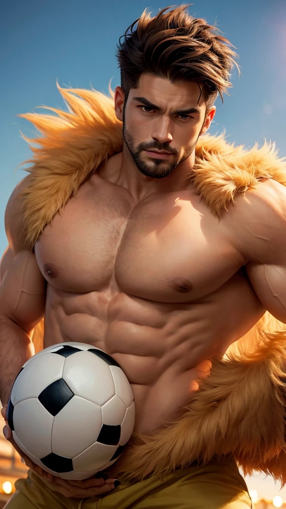 Muscular man.a beast lion head. Playing soccer