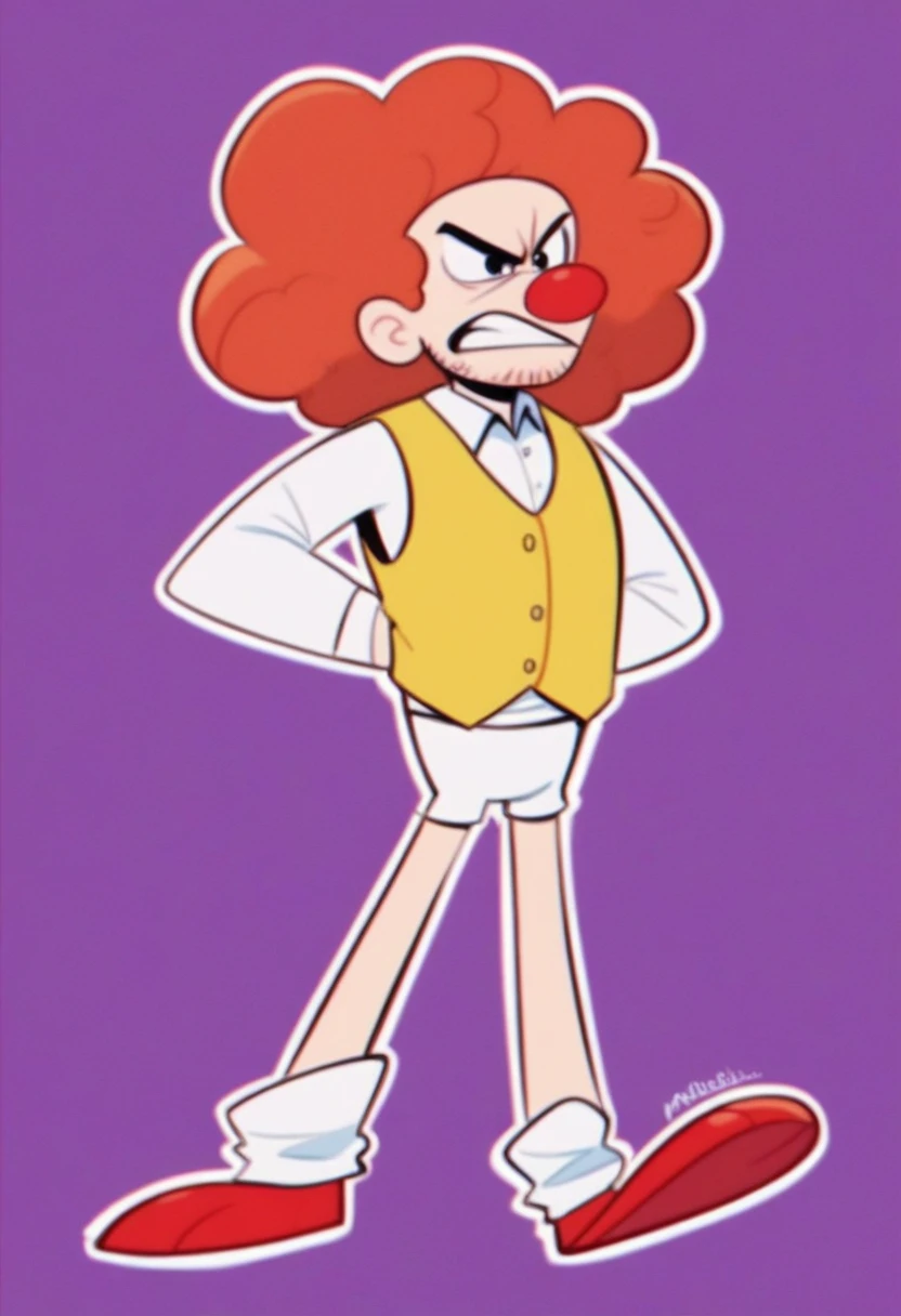 ronald_mcdonald, solo, simple background, shirt, long sleeves, 1boy, full body, male focus, red hair, striped, collared shirt, purple background, yellow vest with red outline on center and Mcdonalds logo on the right, afro, clown, angry expression, red nose, facial hair, face paint, red and white striped long sleeved shirt underneath vest, fat, white underwear, no pants