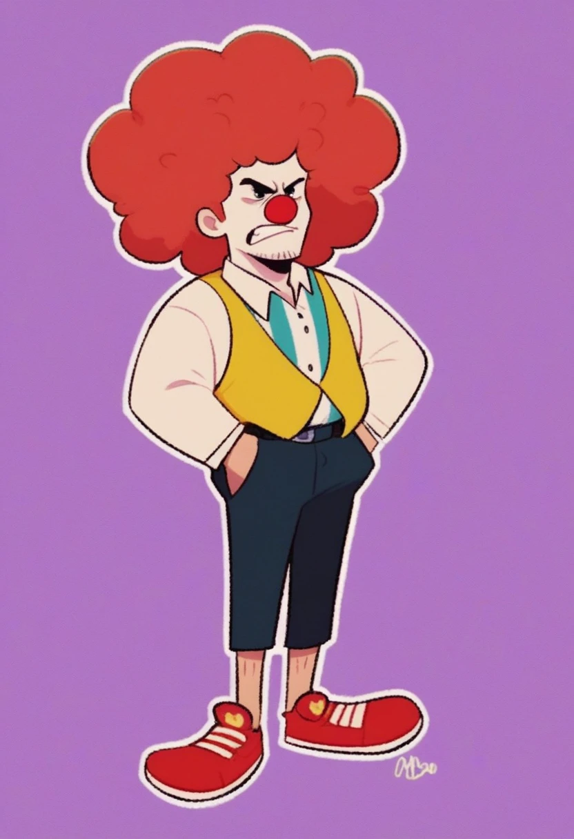 ronald_mcdonald, solo, simple background, shirt, long sleeves, 1boy, full body, male focus, red hair, striped, collared shirt, purple background, yellow vest with red outline on center and Mcdonalds logo on the right, afro, clown, angry expression, red nose, facial hair, face paint, red and white striped long sleeved shirt underneath vest, fat, white underwear, no pants