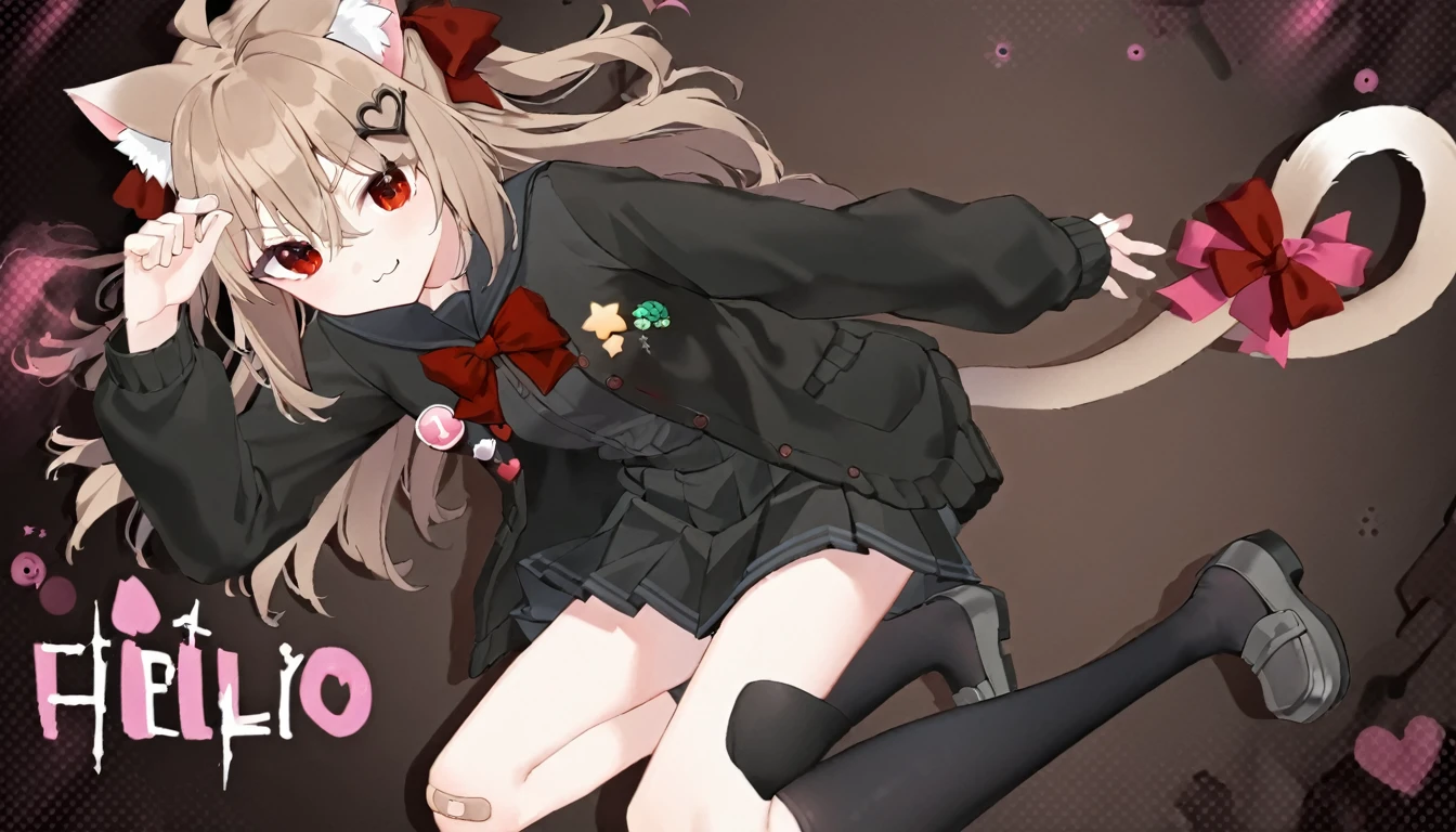 1girl, evil neuro-sama, red eyes, light brown hair, ahoge, two side up, hair ribbon, dark red ribbon, heart hair ornament, black cardigan, open cardigan, black sailor collar, long sleeves, red bow, heart, button badge, star \(symbol\), drone, the number "1" on a badge, turtle, black skirt, pleated skirt, asymmetrical legwear, black thighhighs, black kneehighs, bandaid on knee, grey footwear, loafers,cat ears, cat tail, tail bow, :3,