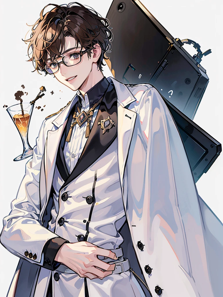 A male, pale,glasses, curly hair, brown hair, black eyes, young, boy, white background, scientist coat, wide smile, scientist, laboratory, crazy, chemistry, white shirt, holding poisons, chemicalsh