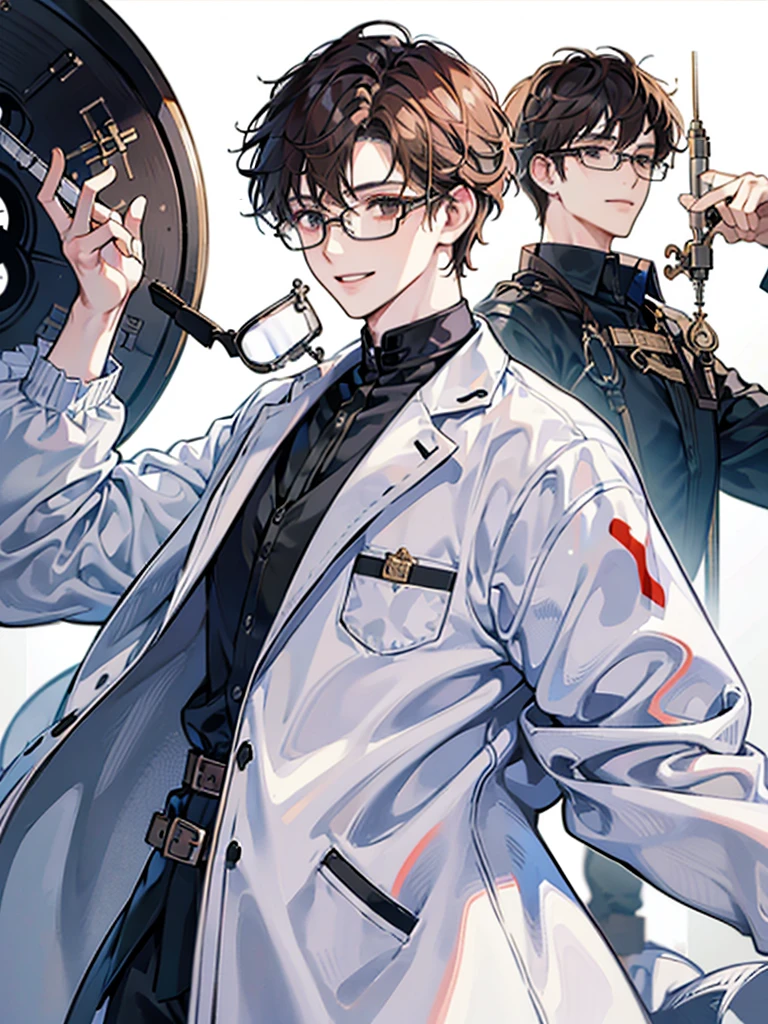 A male, pale,glasses, curly hair, brown hair, black eyes, young, boy, white background, scientist coat, wide smile, scientist, laboratory, crazy, chemistry, white shirt, holding poisons, chemicalsh
