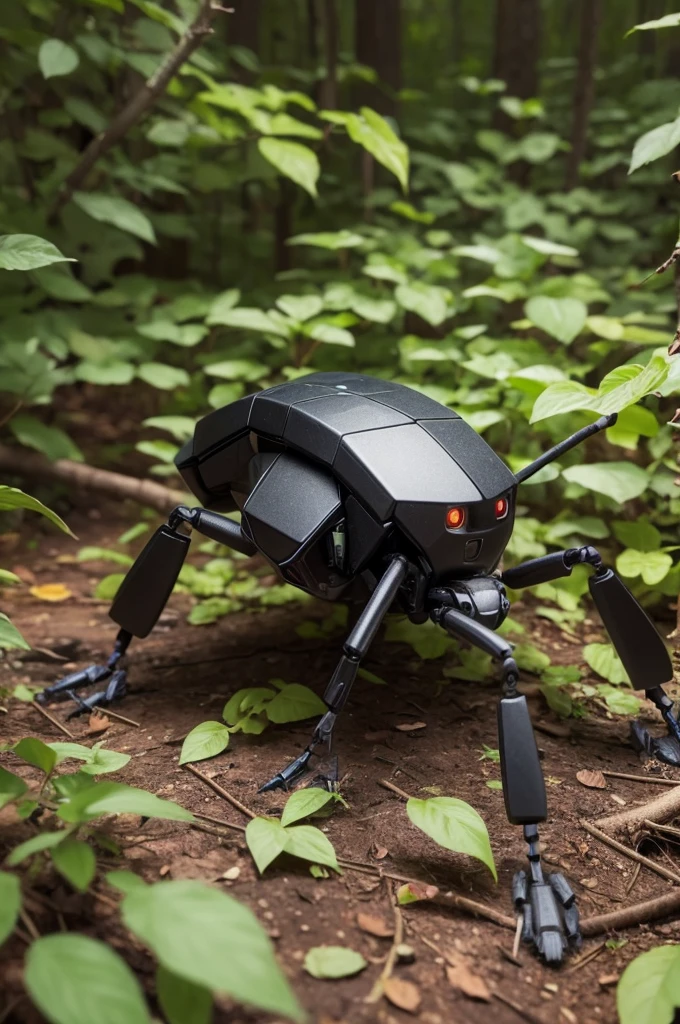 A half-robotic ant in a forest full of leaves and twigs, photo realist