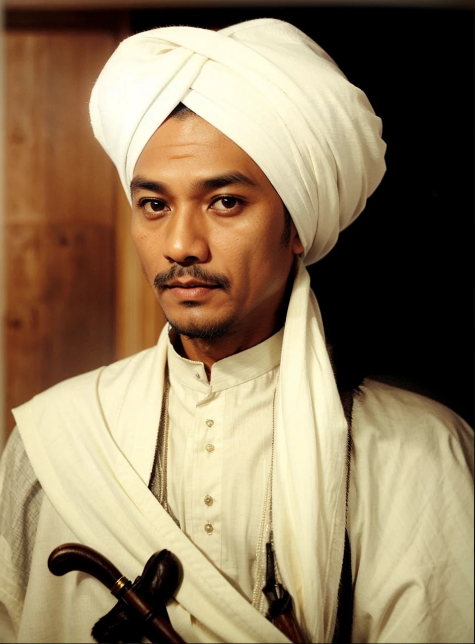 Indonesian Muslim man, 40 years old, wearing a white turban, Islamic clothing, perhaps a robe. A white cloth with a checkered city motif that can be seen crossing over the shoulders. You can see an heirloom keris with a black handle tucked into his waist. wrinkled brown skin color according to age, oval shaped face, slightly long oval chin, clear clean slightly large eyes, long natural black eyebrows, small tall nose, small thin lips, has a thin mustache and a thin beard. HD quality realistic images.