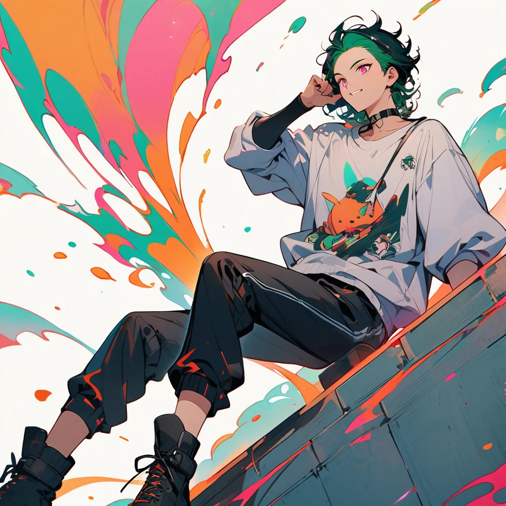 (well done:1) man, long dark green curly hair, pink eyes, black choker, white sweatshirt with orange details, black sweatpants, black boots.