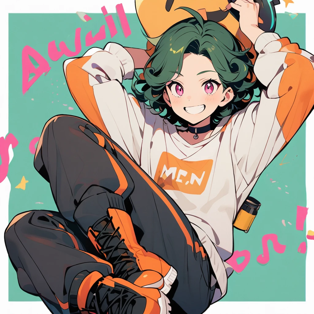 (well done:1) man, long dark green curly hair, pink eyes, black choker, white sweatshirt with orange details, black sweatpants, black boots.