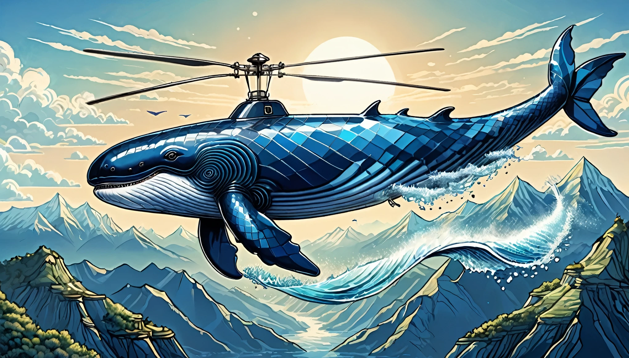 Illustration of Flying Whale, fantasy, whale flying high in the sky with helicopter wings on its back, blue theme, flying with fins spread, whale drawn in navy blue lines, blue sky, whale's shiny skin reflecting light, detailed in every corner , flying at high speed, in flight over spectacular mountainous terrain