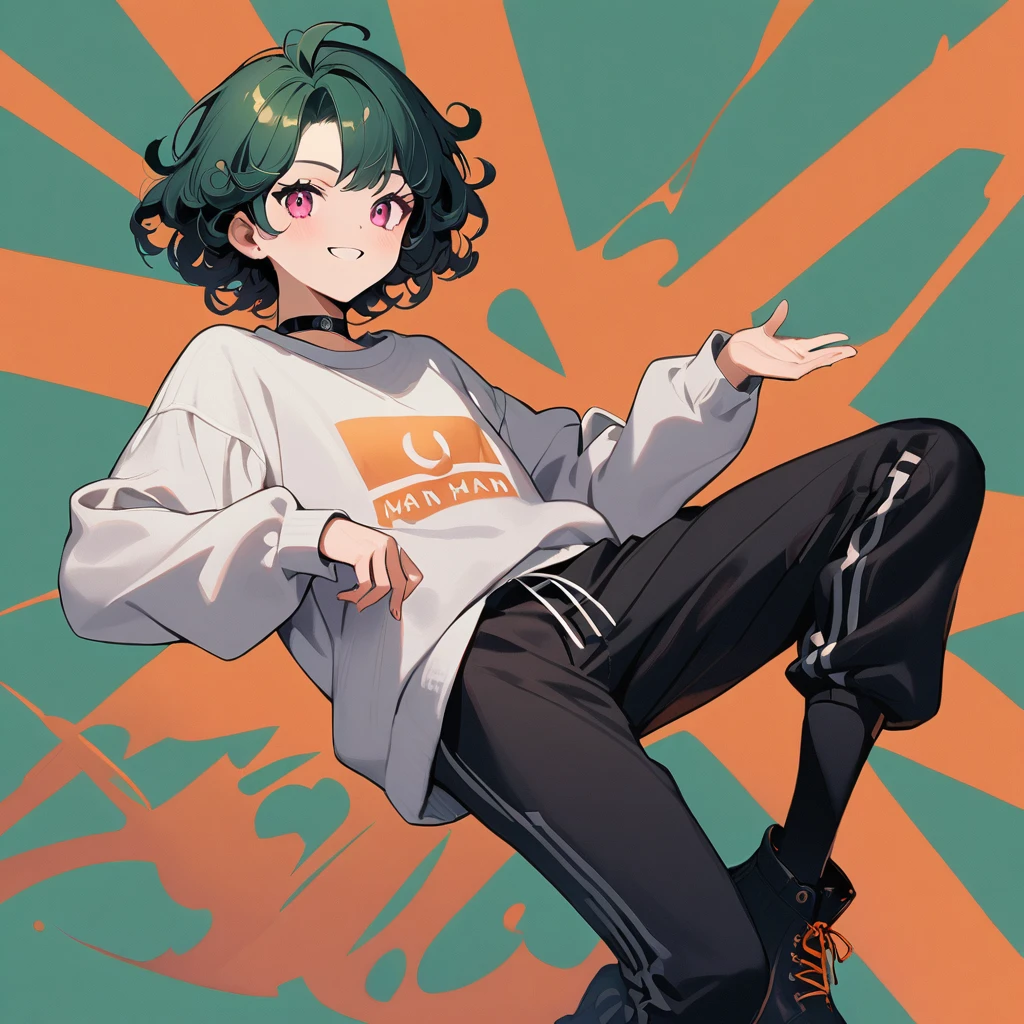 (well done:1) man, long dark green curly hair, pink eyes, black choker, white sweatshirt with orange details, black sweatpants, black boots.