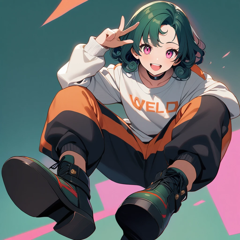 (well done:1) man, long dark green curly hair, pink eyes, black choker, white sweatshirt with orange details, black sweatpants, black boots.