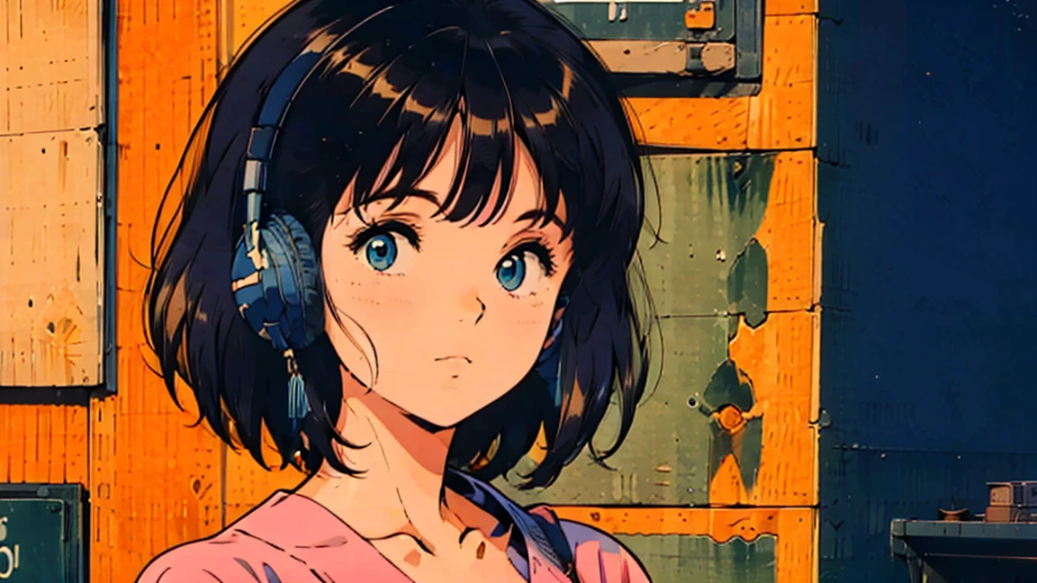 (obra de arte:1.2), (mais alta qualidade:1.2), resolução ultra-alta, super detalhado, iluminação perfeita,GIRL WITH DETAILED FACE WITH FACE FORWARD, SHORT HAIR, BLUE EYES, small AND ROUNDED nose, 80s anime style GIRL, HEADPHONES, FACE CLOSE UP, speakers, speakers, radio, vintage 