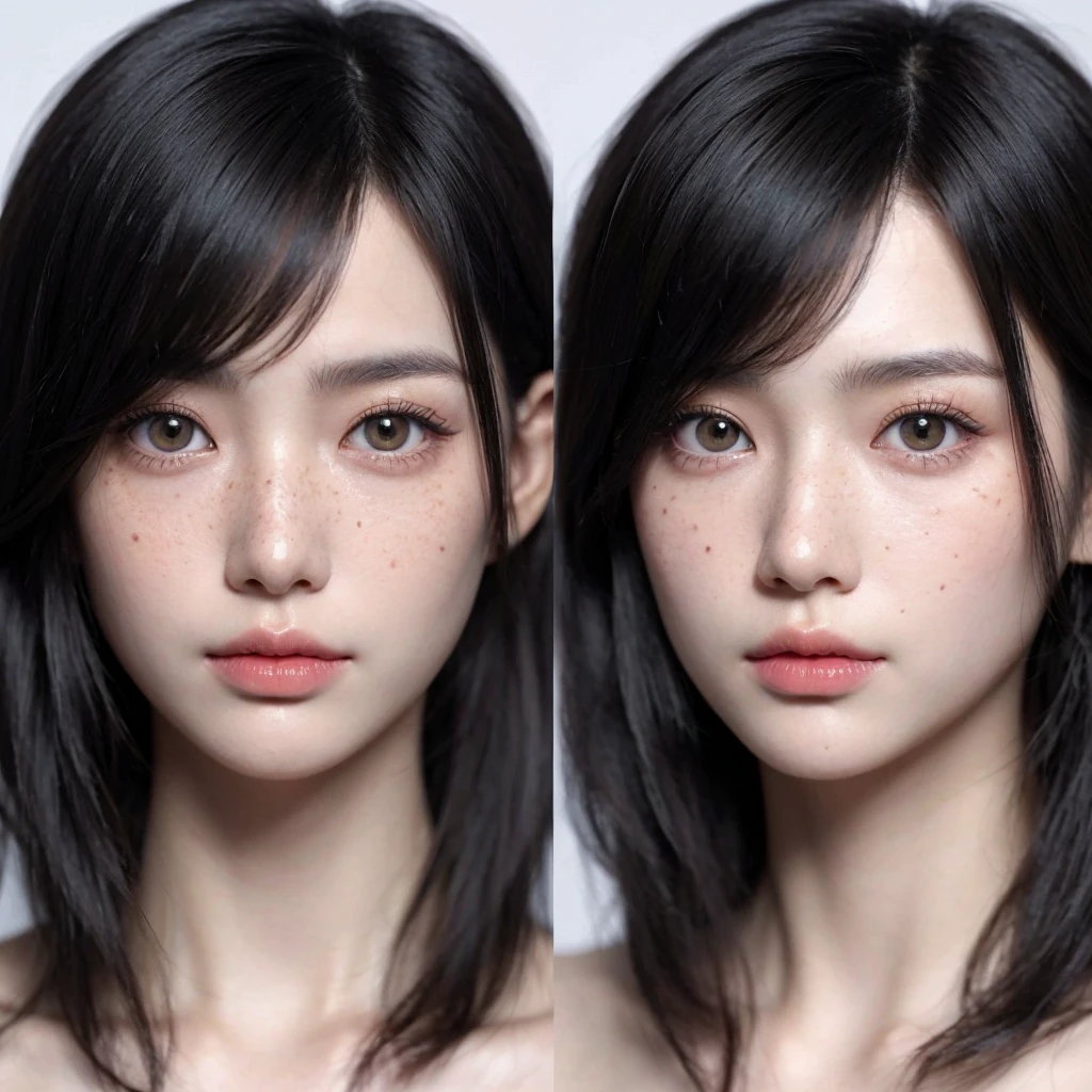 Closeup of an Asian woman with long black hair, olive green eyes, thin face, pale skin pastel pink, South Korean popular makeup, freckles on the cheeks, small scar on the eyebrow 