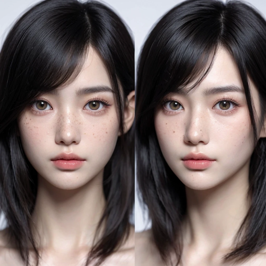 Closeup of an Asian woman with long black hair, olive green eyes, thin face, pale skin pastel pink, South Korean popular makeup, freckles on the cheeks, small scar on the eyebrow