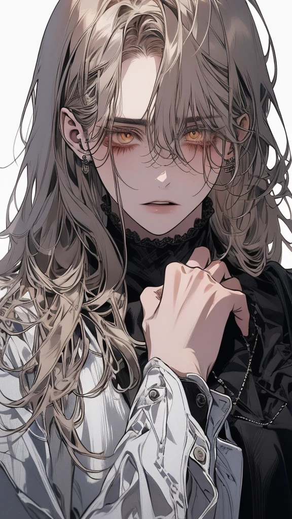 (Top resolution、Distinct_image)top-quality、A girl、masterpiece、highly detailed, half body, Semi-realistic、yellow eyes 、18year old, silver hairs ,young 、Exquisite facial features、Facial features ,variation potrait, long hairstyles, , teenage, cool , cold sharp eyes, An expression of despair., Torn clothes, destroyed clothes, damaged clothing, all dirty, dirty, dirt, lifeless eyes, blood on face, , {Very detailed 8k CG unit wallpaper}, Handsome, solo, female, mafia, black shirt, white pant, white coat,