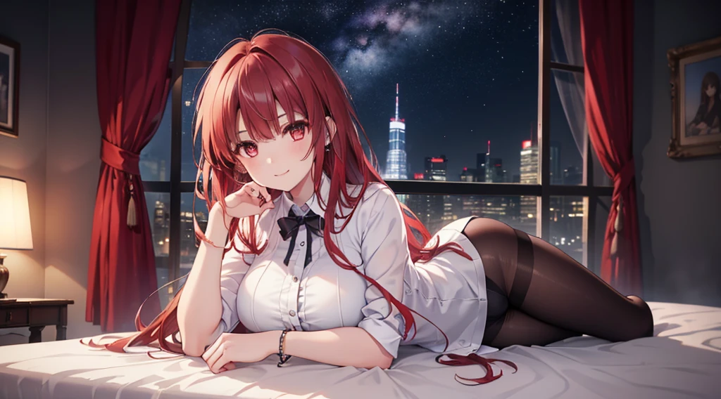 Highest quality, masterpiece, figure, wallpaper,One girl,White shirt, Light Hair, Beautiful detailed girl, Highly detailed eyes and face, Beautiful attention to detail, Shine,Browsing Caution, View your viewers, bed, night, Black Pantyhose, Straight hair, Red Eyes, long hair,Red Hair, thick_Thighs, Large Breasts, Red eyes,Sitting,beautiful finger, clear background, deep night, Lying down、smile、Big earrings、bracelet