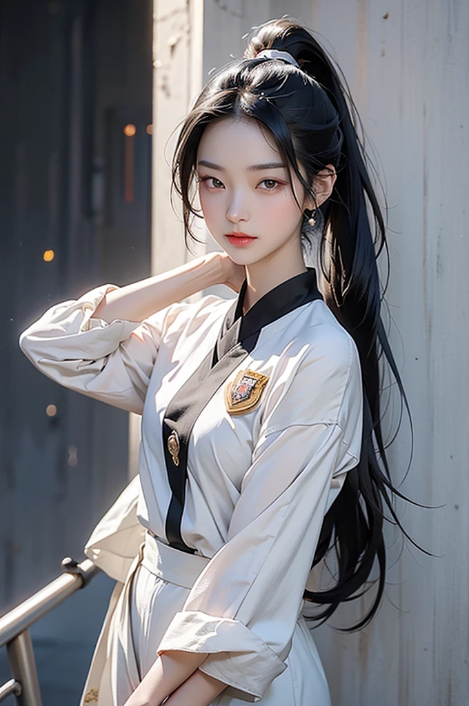 Lin Wei, A beautiful human hybrid，She has striking dark eyes and long black hair tied into a high ponytail., Stand confidently. She looks directly at the camera with a firm and wise gaze. Her uniform fits her perfectly., Highlighting her strong and feminine physique. Her presence exudes power, grace, and leadership. The background hints at a future interstellar spaceship scene, Adds to her majesty and powerful aura.