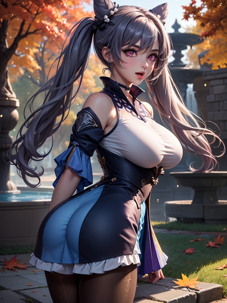 ((highly detailed)), genshin impact, keqing, perfect human hands, (great :1.1),masterpiece, best quality, ultra-detailed, glistening shiny, glowing light, ray tracing, HDR, deph of field, (perfect face, detailed face, detailed eyes,perfect hands,perfect fingeredium boobs:8k,HD,ultra realistic face,ray tracing,perfect lighting,best quality, ultra-detailed, shiny eyes, (looking at viewer,open mouth smile:1.1), ((1girl)), (mature fema),cowboy shot,thicc,(ass, from behind,s focus,bent fowar (twintails),streaked_hair,multicolored eyes, gradient eyes, (glowing eyes:1.5), mascara, (fashion make up), parted lips,blush, skirt, coat, beret, scarf, skirt lift by wind,panties,cameltoe,all fopark, fountain, leaves in the air, wall, autumn, trees)),(complex background, many elements in the background:1.2),((super detailed background)), dynamic poses, ((8k wallpaper)), pussy, ass, butt, showing butti skirt