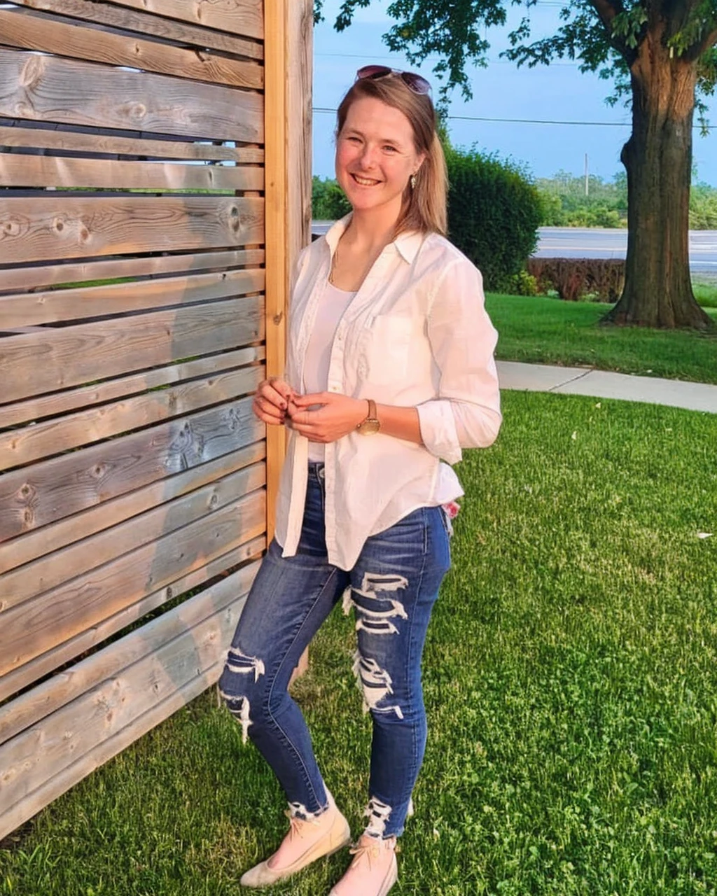 (portrait photo) of (ntdr woman:1.0), (((gigantic tits))) (((wide hips)))very happy,long hair, wearing an off-shoulder sweater,