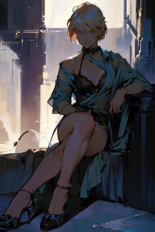 (full body:1.4),(rule of thirds:1.4), ((ultra realistic illustration:1.2)),Athletic blonde woman, blue eyes, (short hair), tomboy, cute, ((smile)), sexy, smoky eye, choker, sheer lace black bra and panties, high heels.Masterpiece, best quality,(highly detailed:1.2),(detailed face and eyes:1.2), 8k wallpaper, depth of field, natural lighting. core shadows, high contrast, bokeh.