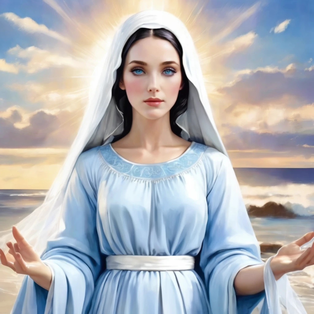 Beautiful woman with detailed light blue eyes, long black hair, wearing a blue tunic with wide, long sleeves adjusted at the waist by an intertwined white sash. Wear a thick white veil