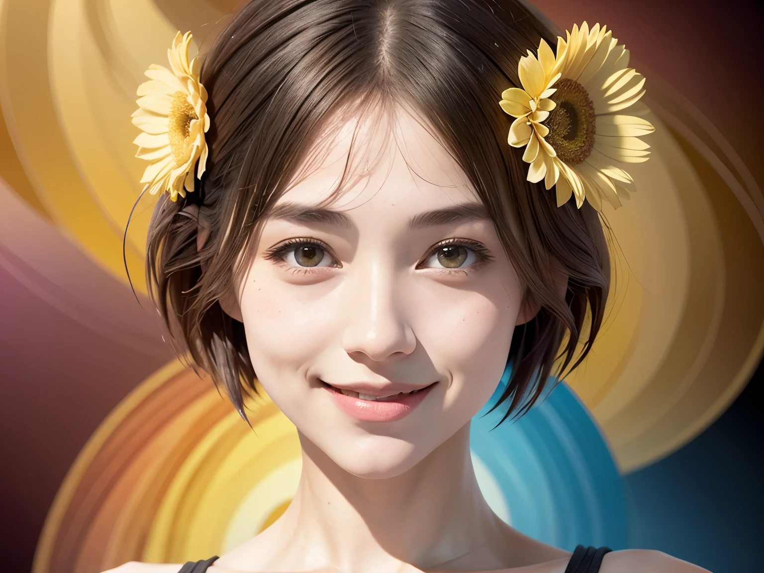 257 20-year-old female, (short hair),(Abstract background,Fractal Art), smile, flower