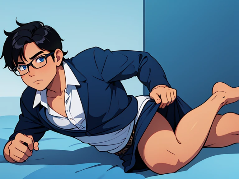 1 boy, fat feminine guy, tan skin, blue eyes, square glasses, black hair, straight hair, bright blue dress shirt, underwear