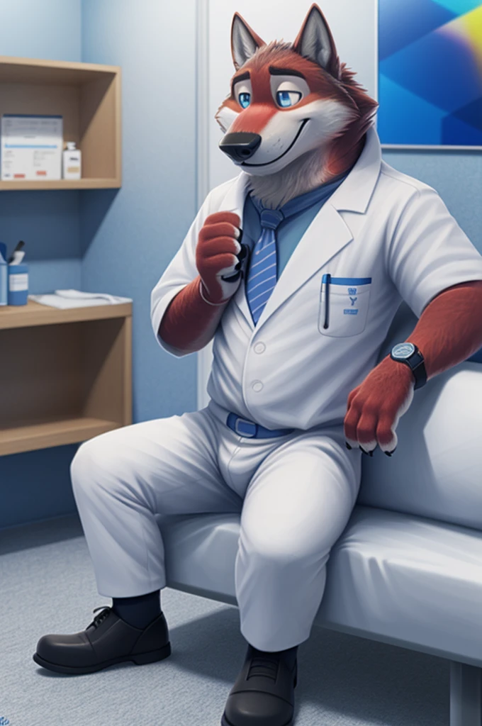 Joachim Wolfbach (Zootopia),tall handsome, wolf,young, 24 years, brown fur,(red body:1.3),Blue eyes, Moscow Dressed,headdress,in a white medical gown,shirt black trousers,shoes,tie,black pantsblue, stethoscope, pediatrician,canine, wolf, detailed fur, Male, antro, paw pads, finger claws,Prays, at viewer, 5 fingers, paws, 5 fingers, smile, happy, resting, wrist watch,stethoscope,looks at the monitors, т nextel, sitting at home in the medical intensive care unit,by xenoforge, (difficult, high detail, digital, photo, soft focus, RAW, pilot by training,ulba,tender, very kind, sincere, advises, patient, детский pediatrician,holding a wolf cub, 
photorealism, realistic, photorealistic, analog style, subsurface scattering, 
masterpiece, Best quality, ultra realistic, 8 K)