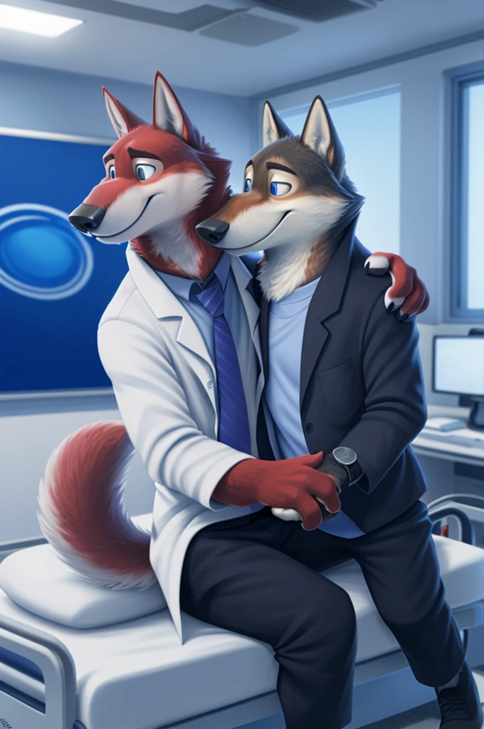 Joachim Wolfbach (Zootopia),tall handsome, wolf,young, 24 years, brown fur,(red body:1.3),Blue eyes, Moscow Dressed,headdress,in a white medical gown,shirt black trousers,shoes,tie,black pantsblue, stethoscope, pediatrician,canine, wolf, detailed fur, Male, antro, paw pads, finger claws,Prays, at viewer, 5 fingers, paws, 5 fingers, smile, happy, resting, wrist watch,stethoscope,looks at the monitors, т nextel, sitting at home in the medical intensive care unit,by xenoforge, (difficult, high detail, digital, photo, soft focus, RAW, pilot by training,ulba,tender, very kind, sincere, advises, patient, детский pediatrician,holding a wolf cub, 
photorealism, realistic, photorealistic, analog style, subsurface scattering, 
masterpiece, Best quality, ultra realistic, 8 K)