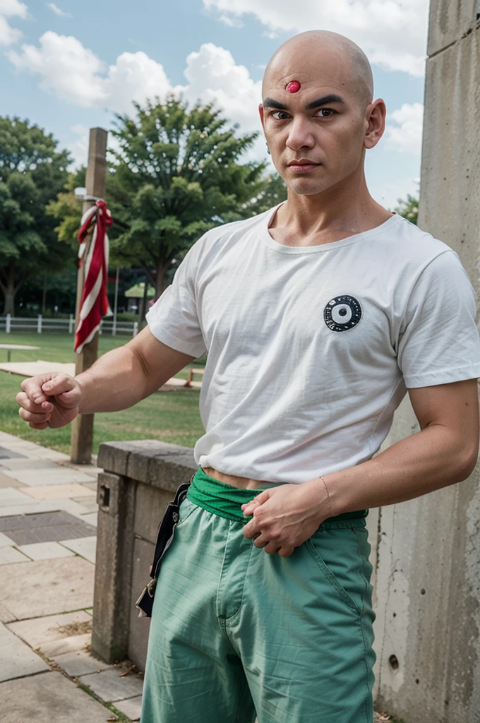 masterpiece, best quality, solo,anime coloring, a cowboy shot of a tien with ((third eye:1.2)) and black eyes, white t-shirt,red sash, green pants, green wristbands, outdoors next to a ring,bald