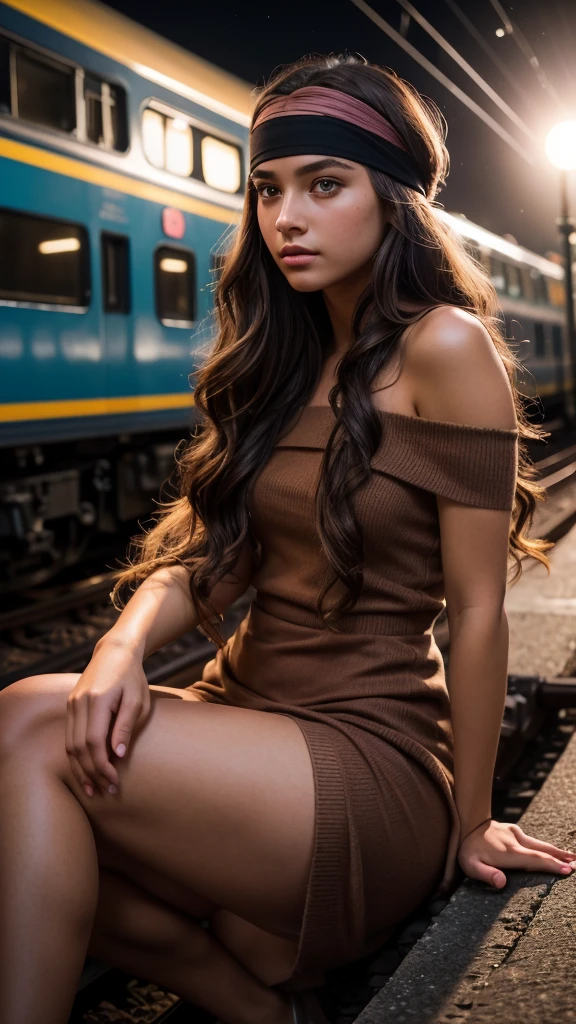 Masterpiece, 20 year old woman, full body, he highest quality, big pink eyes,proportionate lips, Colorful cinematic lighting, brown Cashmere Dress bare shoulders, with overflow [green|rose] long wavy hair, (wearing a black headband), (Perfect face:1.1), mist,sitting Train tracks, at night, moon, moonlight, romantic, HDR, Very detailed, 8k, Hyper realistic, shot at eye level, Cinestill 800