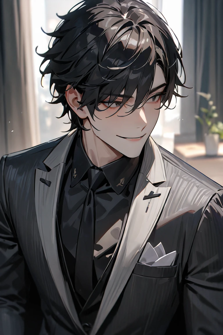 modern, Verism, masterpiece, textured skin, super detail, best quality, 4K , A handsome man with short black hair is wearing a charcoal gray suit. He has a kind and sincere smile.
