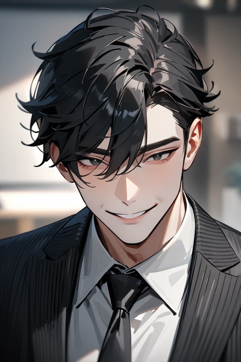modern, Verism, masterpiece, textured skin, super detail, best quality, 4K , A handsome man with short black hair is wearing a charcoal gray suit. He has a kind and sincere smile.