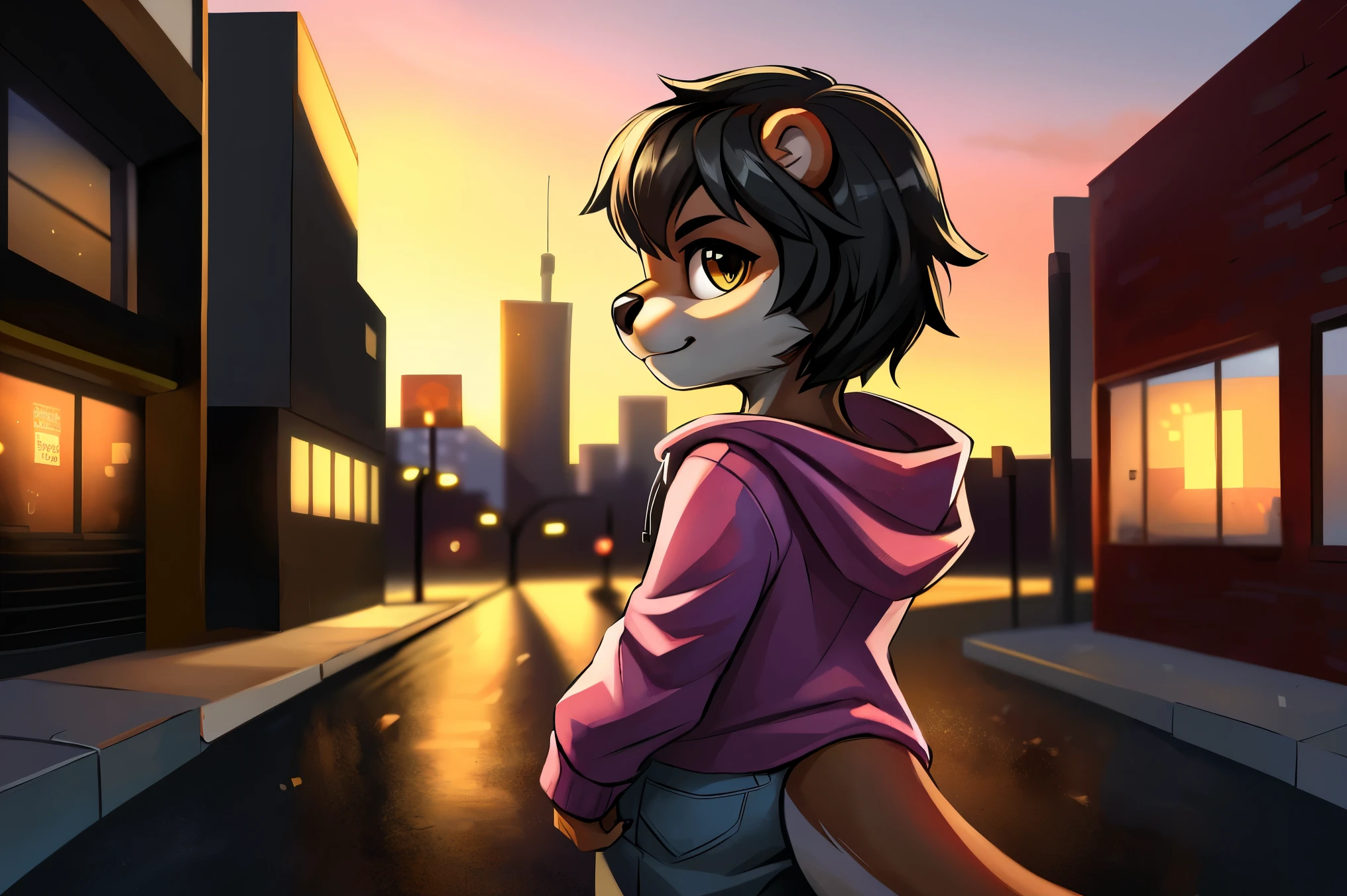 ((otter)), solo, nude, light brown fur, ((hazel eyes)), short hair, (black hair), light pink hoodie, light grey pants, standing, city background, skyscrapers, street, sidewalk, looking at viewer, (up close). Very good figure, best quality, highres, 16k, Natural soft light, Tyndall effect, Advanced film lighting, Unreal Engine5, Extremely realistic, A high resolution, perfect masterpiece, high quality, high resolution