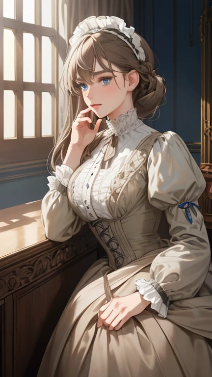 masterpiece, best quality, Practical, (absurd, High resolution, Super detailed), victorian era, Europe in the 18th century,noble,gray brown hair color,blue eyes, braid, Delicate and meticulous, 8K, Reality, Dramatic Lighting, high quality, Complex design, classical portrait, enlarged texture, Exquisite details