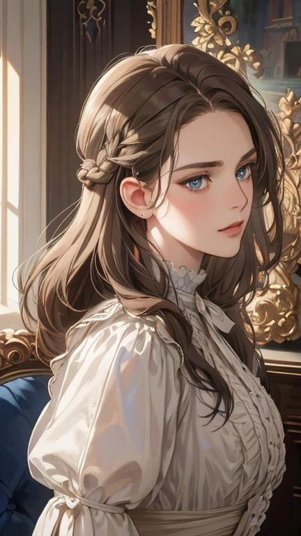 masterpiece, best quality, Practical, (absurd, High resolution, Super detailed), victorian era, Europe in the 18th century,noble,gray brown hair color,blue eyes, braid, Delicate and meticulous, 8K, Reality, Dramatic Lighting, high quality, Complex design, classical portrait, enlarged texture, Exquisite details