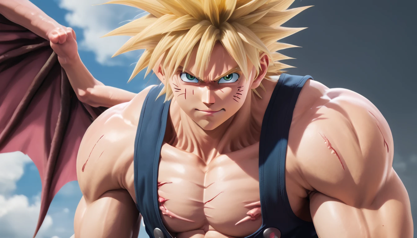 Full body image "(Highest quality, 8k, ultra-detailed, Realistic:1.2), Portraiture,, Muscular, Calm, Fearless smile, detailed, Blonde, strict, Intimidating, Powerful, Show off his strength", Brainwashed and possessed by Majin Buu,Controlled by an evil heart,Demon body and wings,(((Huge penis))),Very large muscles,Full body images,The lower half of the body is hairy like an animal.,nsfw,Drooling from a wide open mouth,sex,2boy～4boy,Blood vessels throughout the body,Cloud Strife and Son Goku two-shot,2 people
