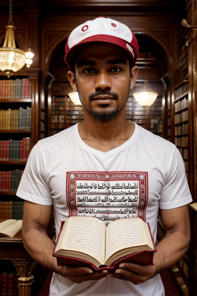 A man wearing a red cap and white shirt holds up a Quran book. The background features a dimly-lit, ornate library. Above the man is text that reads 1st Quran.