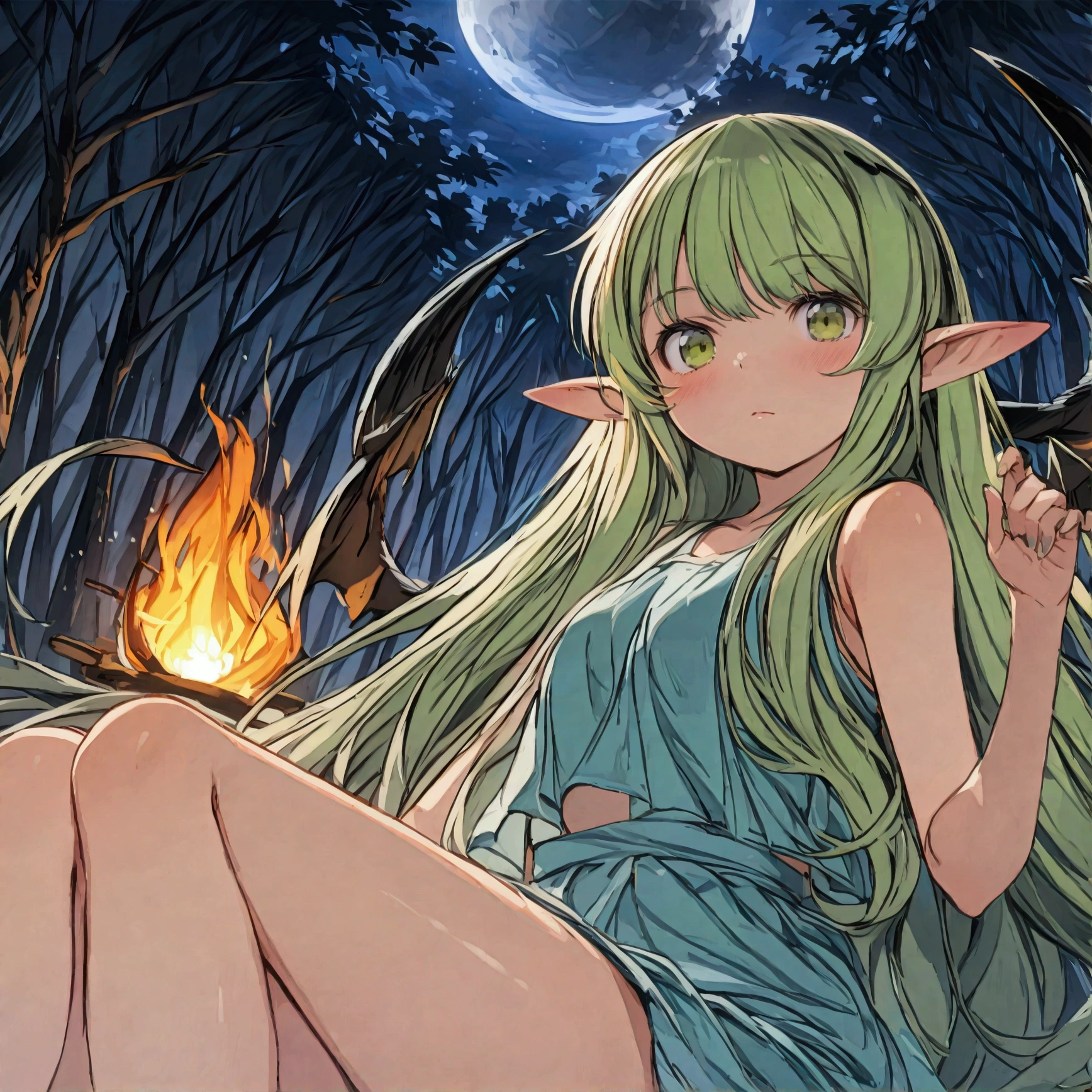 (masterpiece, best quality, top quality, high resolution, highres), (insanely detailed, ultra-detailed, super detailed, highly detailed) ,(HDR, uhd), (studio lighting), ultra-fine drawing, sharp focus, physically based rendering, professional, vibrant colors,
アニメ, cartoon, kawaii, how,
Long shot, panorama, Distant view,
from below,
Waist, Thighs, knees,
(((a girl, 独奏))), elf girl, Elf Ears,
Close eyes, Tilt head, Sitting with legs crossed, Sleeping while sitting with knees hugged,
(((night, midnight, moonlight))),
(((forest, deep forest, one bonfire))),
medieval European clothing, adventurer's clothing,