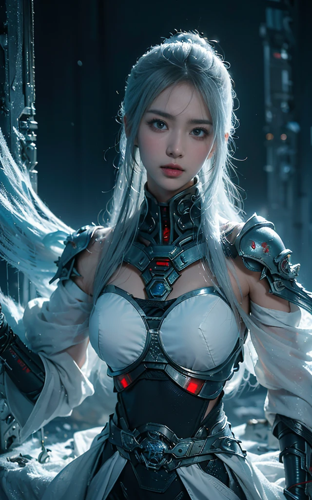 masterpiece,best quality,high resolution,8K,(Portraits:1.5),(R Original Photo),The real situation,Digital Photography,(A fusion of cyberpunk and fantasy),(Female Soldiers),20 year old girl,Random Hairstyle,White hair,By Bangs,(red eye breasts, Accessories,shut your mouth,Elegant and charming,Serious and arrogant,Calm and handsome,(Combination of cyberpunk and fantasy style clothing,hollow-carved design,Combined Armor,Combat uniform,White clothes,Paint the belly button white,Photo poses,Realistic style,Gray World Background,oc render reflection texture