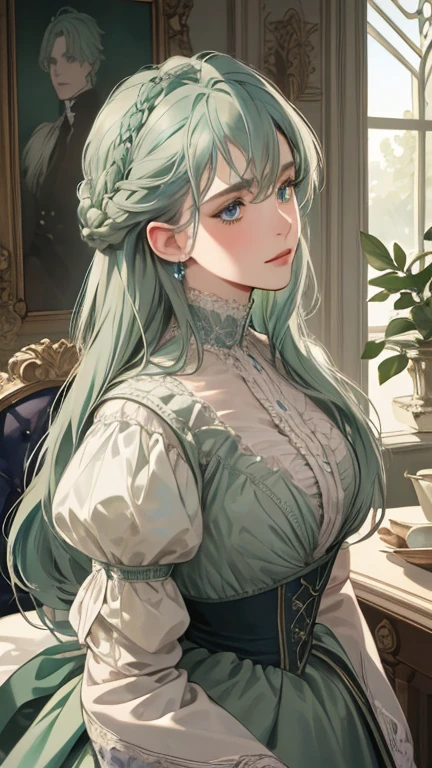 masterpiece, best quality, Practical, (absurd, High resolution, Super detailed), victorian era, Europe in the 18th century,noble,gray green hair color,blue eyes, braid, Delicate and meticulous, 8K, Reality, Dramatic Lighting, high quality, Complex design, classical portrait, enlarged texture, Exquisite details