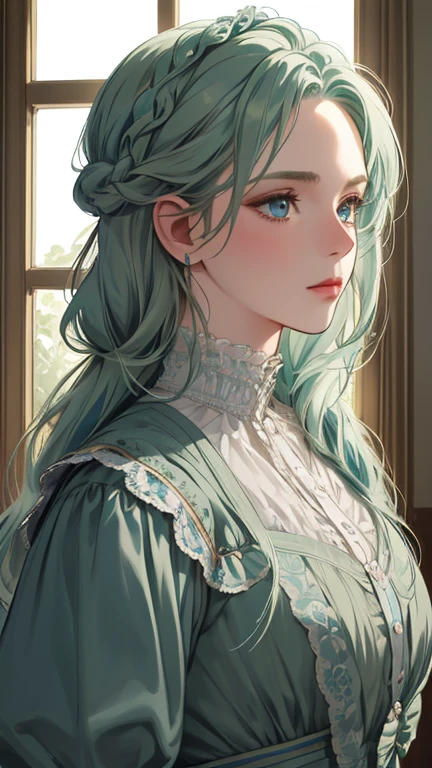 masterpiece, best quality, Practical, (absurd, High resolution, Super detailed), victorian era, Europe in the 18th century,noble,gray green hair color,blue eyes, braid, Delicate and meticulous, 8K, Reality, Dramatic Lighting, high quality, Complex design, classical portrait, enlarged texture, Exquisite details