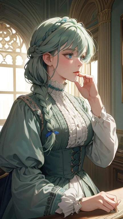 masterpiece, best quality, Practical, (absurd, High resolution, Super detailed), victorian era, Europe in the 18th century,noble,gray green hair color,blue eyes, braid, Delicate and meticulous, 8K, Reality, Dramatic Lighting, high quality, Complex design, classical portrait, enlarged texture, Exquisite details