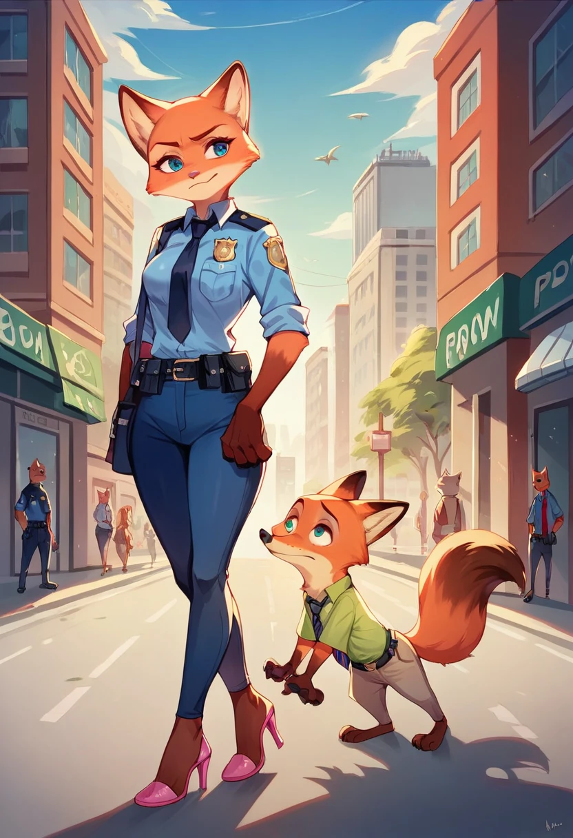 (energetic, by honovy, от zenthetiger, from Sausch), Nick Wilde, female fox, breast, One, tie, safe, dressed, Blue eyes, police uniform,pink heeled sandals, standing, city, street, Moscow