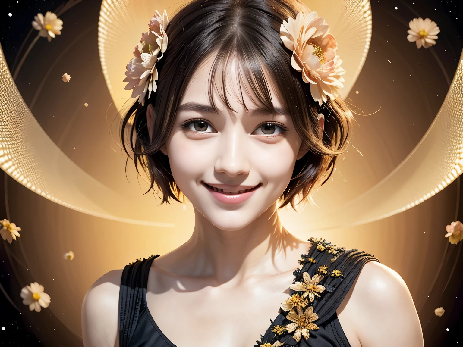257 20-year-old female, (short hair),(Abstract background,Fractal Art), smile, flower