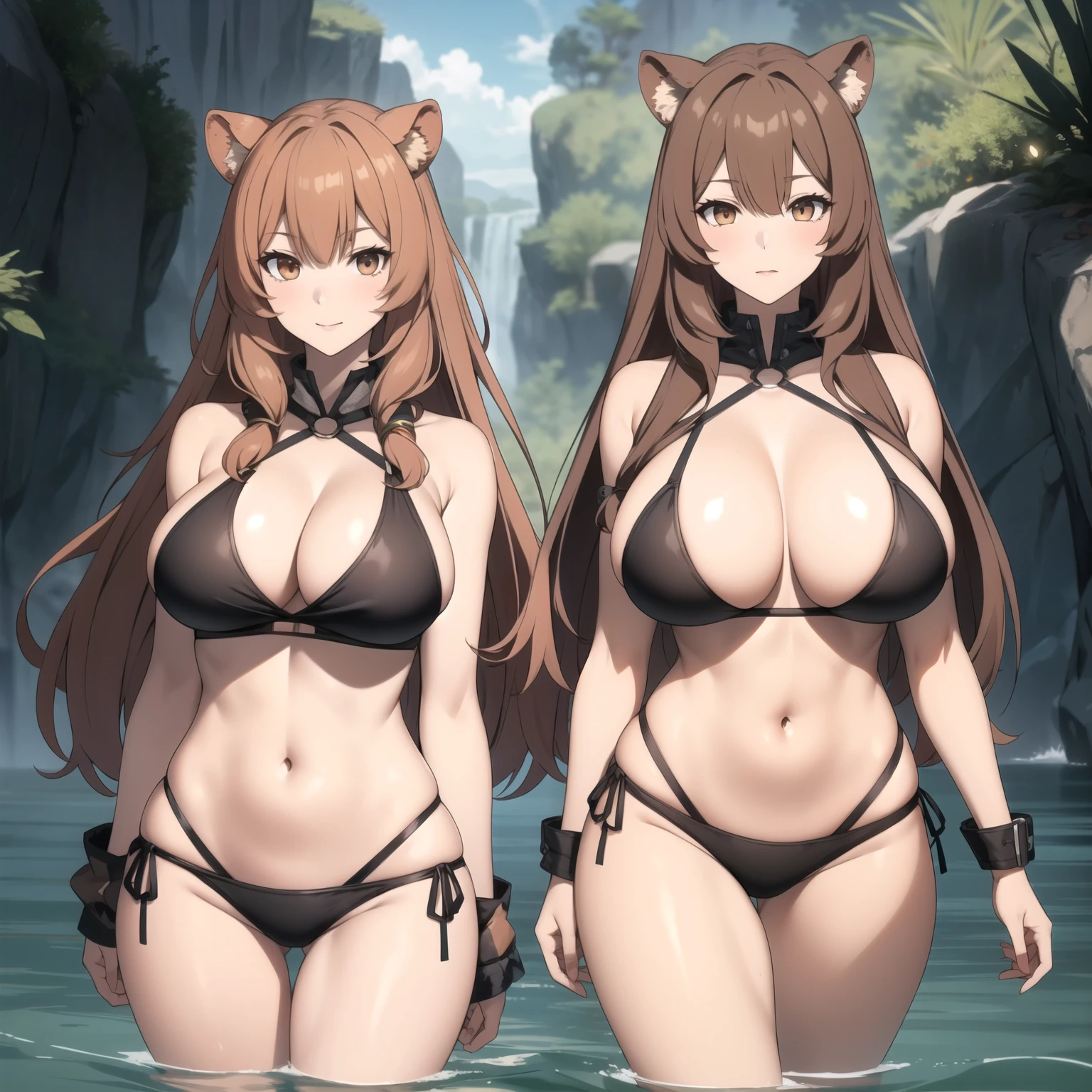 Raphtalia woman 35 years old, Voluminous brown hair, by the floating, lion ears,  voluminous fur, big breasts,  ropa de pieles escotada, gotas de sudor en cuerpo, cuerpo sucio y con heridas, cuerpo sucio, fondo una selva. cuerpo sucio y sudoroso.