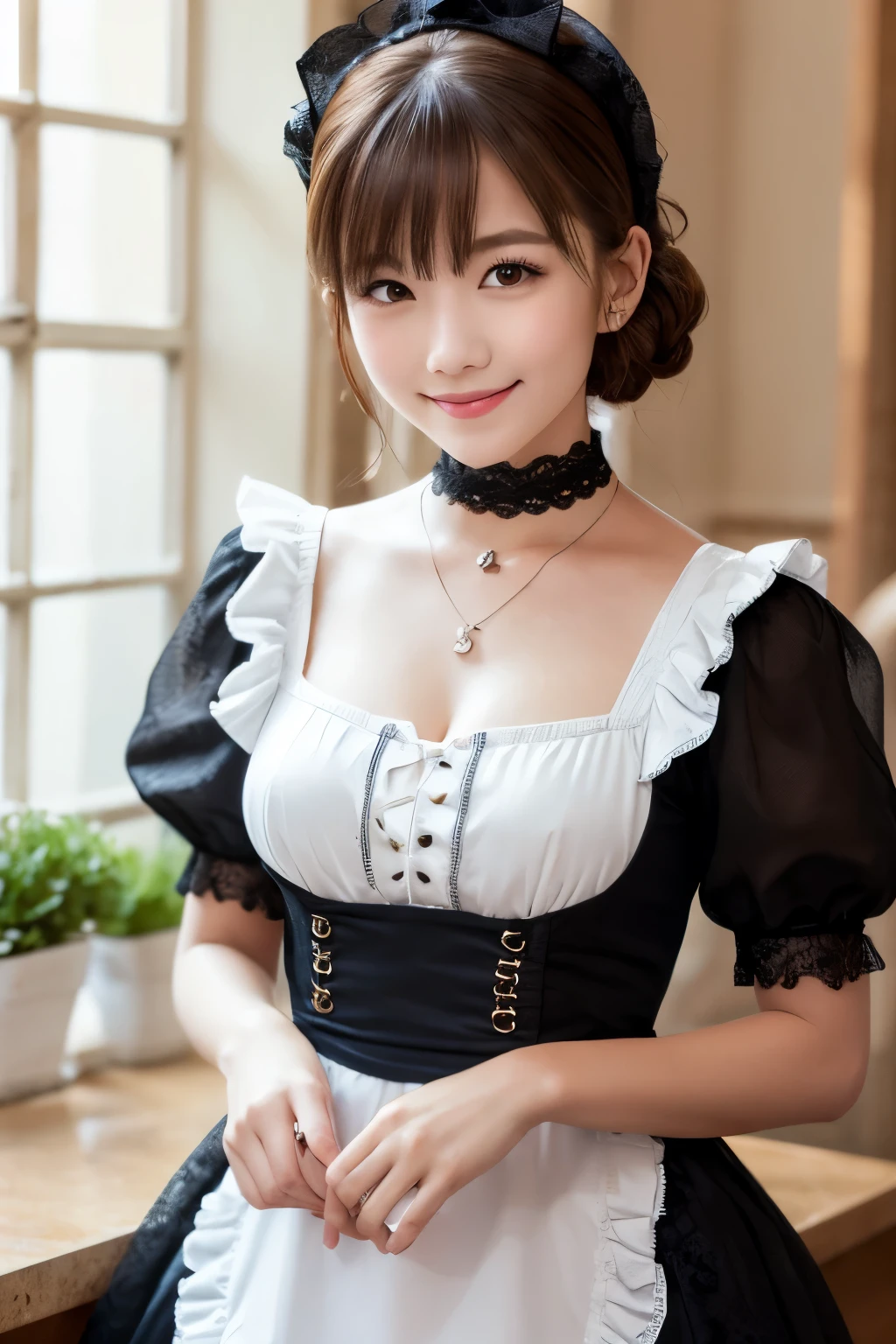 A young female character is standing indoors wearing a classic French maid outfit、It has a warm lighting。She has straight, shoulder-length brown hair with bangs.。The black dress has white ruffled sleeves and a deep neckline.、Lace-up detail on the bodice。moreover、Also wearing a white apron。She wears a white ruffled maid headband and、She wears a black lace choker with a small pendant。Her expression is calm and she is smiling slightly.、The eyes are a soft brown。Lighting is warm、Create a cozy atmosphere、It casts soft shadows that accentuate the facial features and costume details.。Marble columns in the background、At the wall、The focus is on the characters and their costumes。